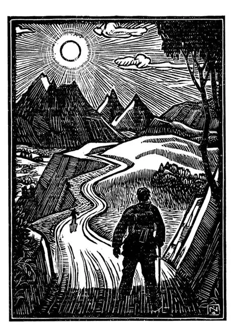 A person with a walking stick stands on a winding path leading through hills toward distant mountains under a bright sun, with another figure walking ahead.