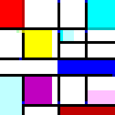 An image designed in the style of Mondrian's geometric art, featuring colored rectangles (red, cyan, yellow, blue, magenta, and pink) separated by black lines on a white background