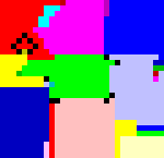 Crude composition of large colored blocks in red, blue, green, yellow, pink, and gray