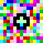 Colorful pixelated pattern with multicolored squares and a black star shape in the center